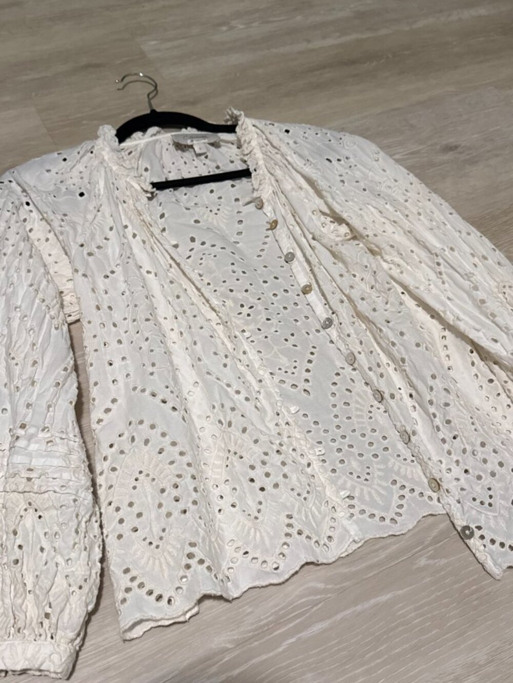 Cleobella White Eyelet Embroidered Ruffle Blouse Long Sleeve Boho Size Small